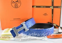 Hermes Reversible Belt Blue/Black Ostrich Stripe Leather With 18K Silver Wave Stripe H Buckle