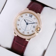 Ballon Bleu de Cartier medium swiss watch diamond 18kt pink gold brown leather strap