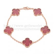 Van Cleef & Arpels Vintage Alhambra Bracelet 5 Motifs Pink Gold With Carnelian Mother Of Pearl