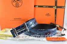 Hermes Reversible Belt Blue/Black Crocodile Stripe Leather With18K Silver H au Carre Buckle