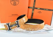 Hermes Reversible Belt Orange/Black Crocodile Stripe Leather With18K Black Silver H Buckle
