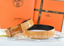 Hermes Reversible Belt Orange/Black Crocodile Stripe Leather With18K Orange Gold H Buckle