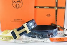 Hermes Reversible Belt Blue/Black Crocodile Stripe Leather With18K Gold Bamboo Strip Logo H Buckle