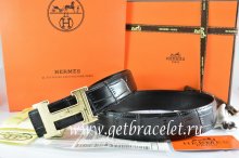 Hermes Reversible Belt Black/Black Crocodile Stripe Leather With18K Gold Geometric Stripe H Buckle