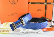 Hermes Reversible Belt Blue/Black Ostrich Stripe Leather With 18K Gold H au Carre Buckle