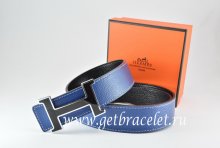 Hermes Reversible Belt Dark Blue/Black Togo Calfskin With 18k Black Silver H Buckle