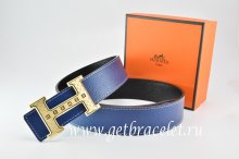 Hermes Reversible Belt Dark Blue/Black Togo Calfskin With 18k Gold Weave Stripe H Buckle