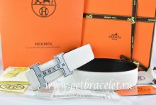 Hermes Reversible Belt White/Black Togo Calfskin With 18k Silver Weave Stripe H Buckle