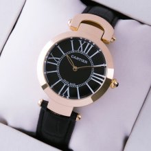 Ronde Solo de Cartier replica watch for women pink gold black dial and leather strap