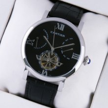 Rotonde de Cartier tourbillon black dial watch for men steel black leather strap
