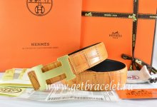 Hermes Reversible Belt Orange/Orange Crocodile Stripe Leather With18K Gold H Buckle