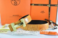 Hermes Reversible Belt Orange/Black Crocodile Stripe Leather With18K Gold H Logo Buckle