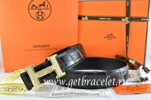 Hermes Reversible Belt Black/Black Crocodile Stripe Leather With18K Gold Bamboo Strip Logo H Buckle