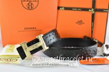 Hermes Reversible Belt Black/Black Ostrich Stripe Leather With 18K Gold Geometric Stripe H Buckle
