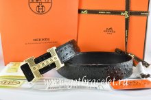 Hermes Reversible Belt Black/Black Ostrich Stripe Leather With 18K Gold Stripe Logo H Buckle