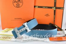 Hermes Reversible Belt Blue/Black Togo Calfskin With 18k Silver Weave Stripe H Buckle