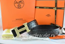 Hermes Reversible Belt Black/Black Ostrich Stripe Leather With 18K Drawbench Gold H Buckle