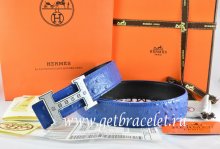 Hermes Reversible Belt Blue/Black Ostrich Stripe Leather With 18K Silver Weave Stripe H Buckle