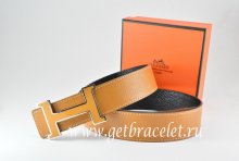 Hermes Reversible Belt Light Coffe/Black Togo Calfskin With 18k Orange Silver H Buckle