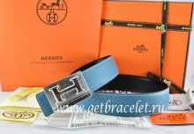 Hermes Reversible Belt Blue/Black Togo Calfskin With 18k Silver Big H Buckle