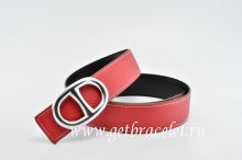 Hermes Reversible Belt Red/Black Anchor Chain Togo Calfskin With 18k Silver Buckle