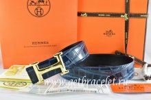 Hermes Reversible Belt Blue/Black Crocodile Stripe Leather With18K Gold Idem With Logo Buckle