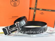 Hermes Reversible Belt Black/Black Crocodile Stripe Leather With18K Black Silver With Logo H Buckle