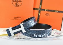 Hermes Reversible Belt Blue/Black Crocodile Stripe Leather With18K White Silver Narrow H Buckle