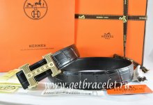 Hermes Reversible Belt Black/Black Crocodile Stripe Leather With18K Gold Stripe Logo H Buckle