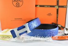 Hermes Reversible Belt Blue/Black/Black Ostrich Stripe Leather With 18K Silver H Buckle