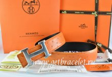 Hermes Reversible Belt Orange/Black Ostrich Stripe Leather With 18K Drawbench Silver H Buckle