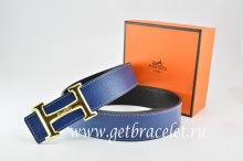 Hermes Reversible Belt Dark Blue/Black Togo Calfskin With 18k Gold Smooth H Buckle