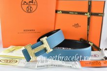 Hermes Reversible Belt Blue/Black Togo Calfskin With 18k Gold Bamboo Stripe H Buckle