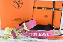 Hermes Reversible Belt Pink/Black Togo Calfskin With 18k Gold Bamboo Stripe H Buckle