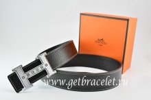 Hermes Reversible Belt Black/Black Togo Calfskin With 18k Silver Weave Stripe H Buckle