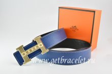 Hermes Reversible Belt Dark Blue/Black Togo Calfskin With 18k Gold Stripes Logo H Buckle