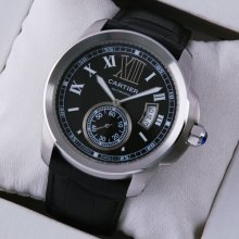 Calibre de Cartier steel mens watch replica W7100014 black dial leather strap