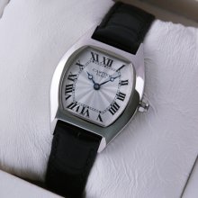 Cartier Tortue small ladies watch stainless steel black leather strap