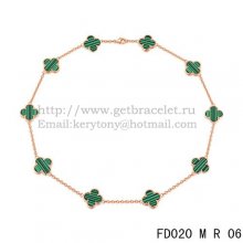 VCA Vintage Alhambra Necklace Pink Gold 10 Motifs Malachite Mother Of Pearl 45cm