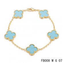 Fake Van Cleef & Arpels Alhambra Bracelet In Yellow With 5 Blue Clover