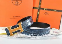Hermes Reversible Belt Blue/Black Crocodile Stripe Leather With18K Yellow Gold H Buckle