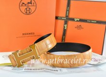 Hermes Reversible Belt Orange/Black Crocodile Stripe Leather With18K Yellow Gold H Buckle