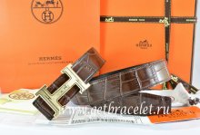 Hermes Reversible Belt Brown/Black Crocodile Stripe Leather With18K Gold Geometric Stripe H Buckle
