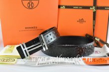 Hermes Reversible Belt Black/Black Ostrich Stripe Leather With 18K Silver H au Carre Buckle
