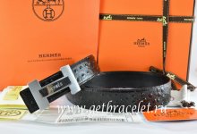 Hermes Reversible Belt Black/Black Ostrich Stripe Leather With 18K Silver H Logo Buckle