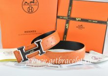 Hermes Reversible Belt Orange/Black Ostrich Stripe Leather With 18K Black Silver White Logo H Buckle