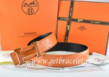 Hermes Reversible Belt Orange/Black Ostrich Stripe Leather With 18K Brown Gold Width H Buckle