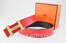 Hermes Reversible Belt Red/Black Togo Calfskin With 18k Gold Bamboo Stripe H Buckle