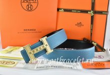 Hermes Reversible Belt Blue/Black Togo Calfskin With 18k Gold Weave Stripe H Buckle