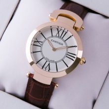 Ronde Solo de Cartier replica watch for women pink gold silver dial brown leather strap